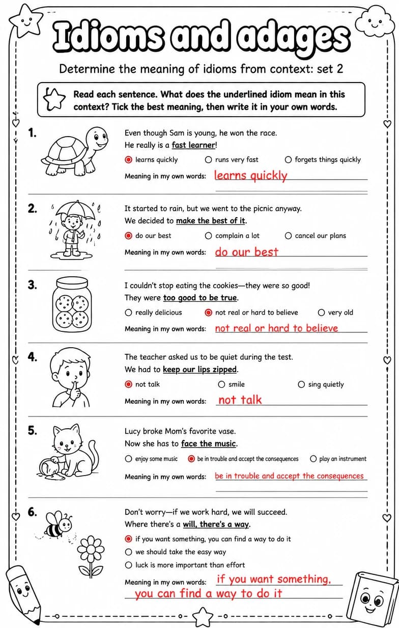 Answer key for Determine the meaning of idioms from context: set 2 — free printable English & Reading worksheet