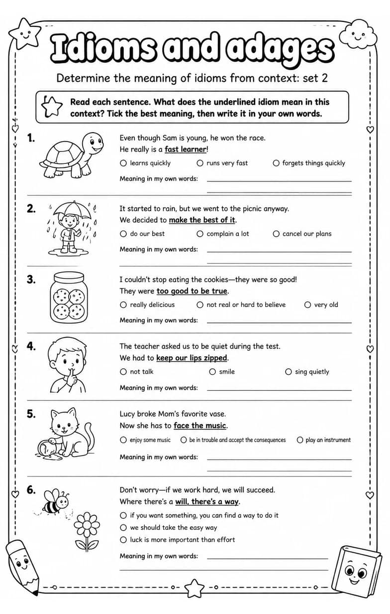 Determine the meaning of idioms from context: set 2 — free printable Vocabulary English worksheet