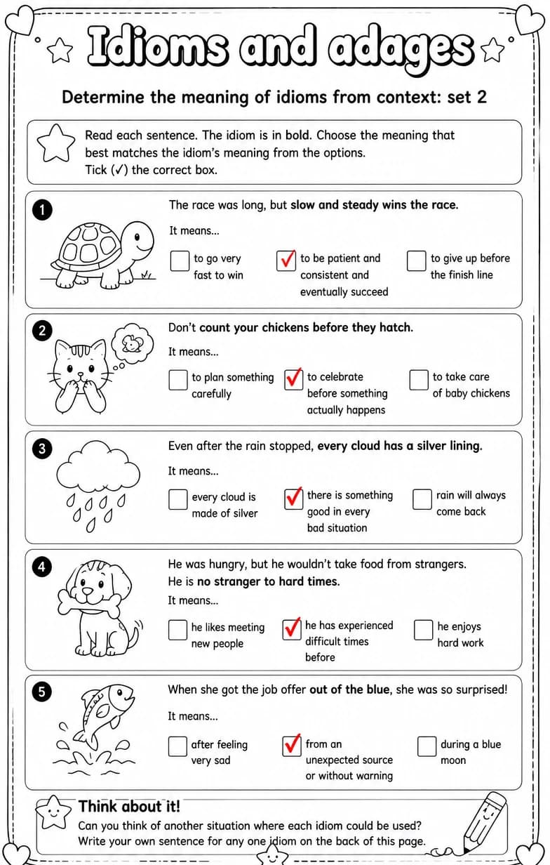 Answer key for Determine the meaning of idioms from context: set 2 — free printable English & Reading worksheet