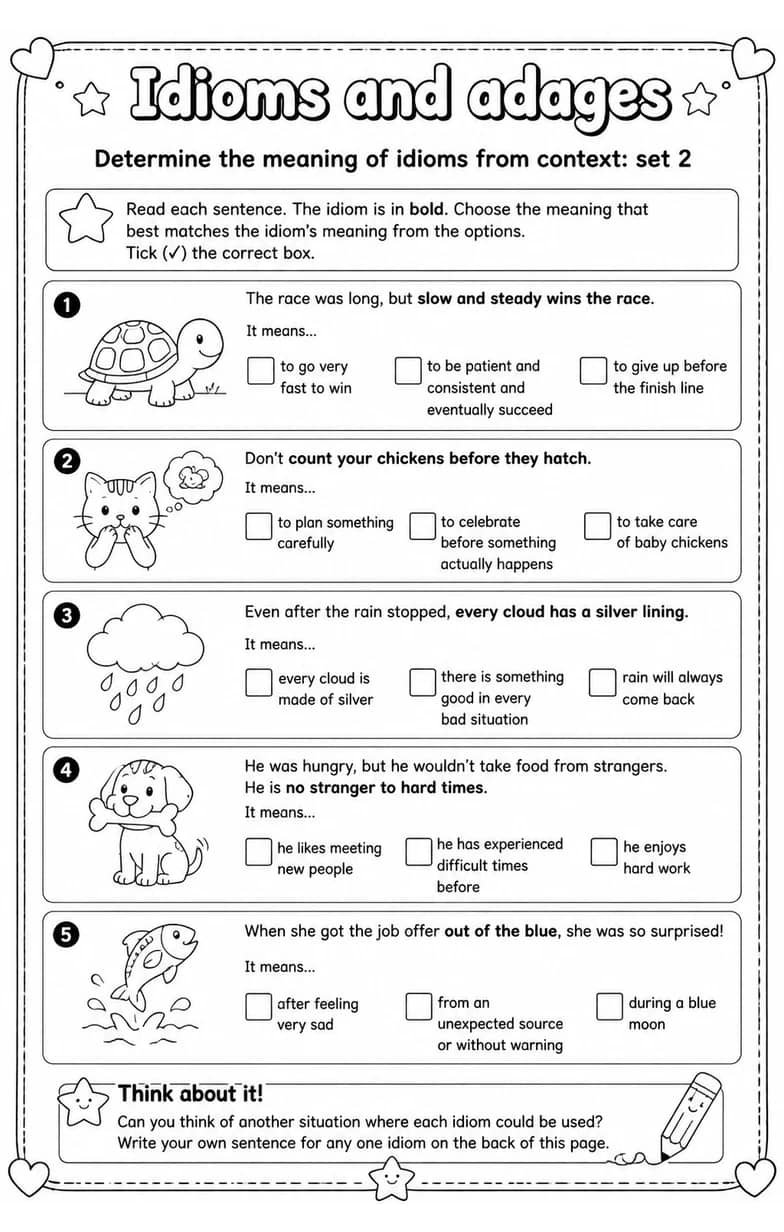 Determine the meaning of idioms from context: set 2 — free printable Vocabulary English worksheet