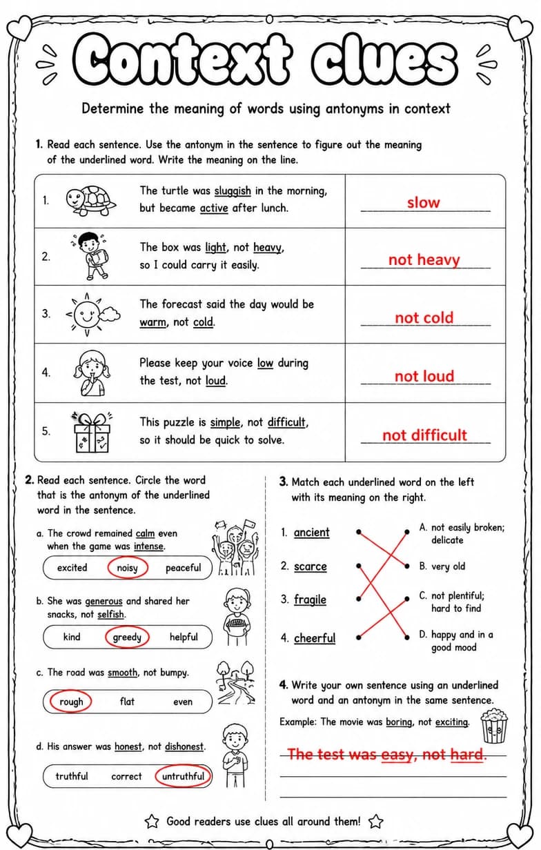 Answer key for Determine the meaning of words using antonyms in context — free printable English & Reading worksheet
