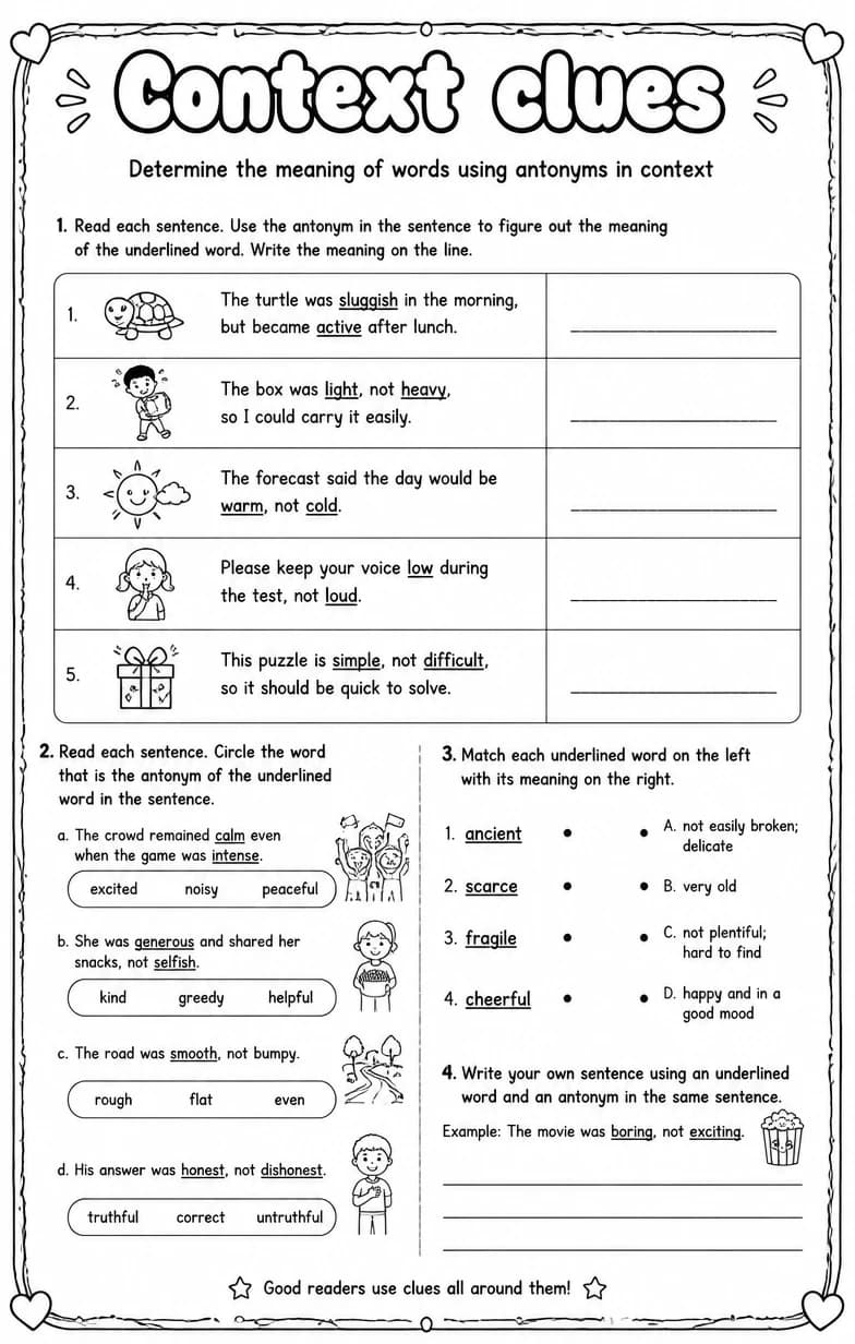 Determine the meaning of words using antonyms in context — free printable Vocabulary English worksheet