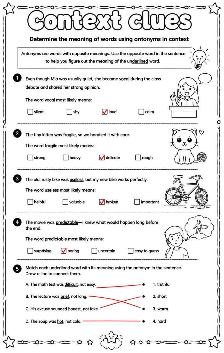 Answer key for Determine the meaning of words using antonyms in context — free printable English & Reading worksheet