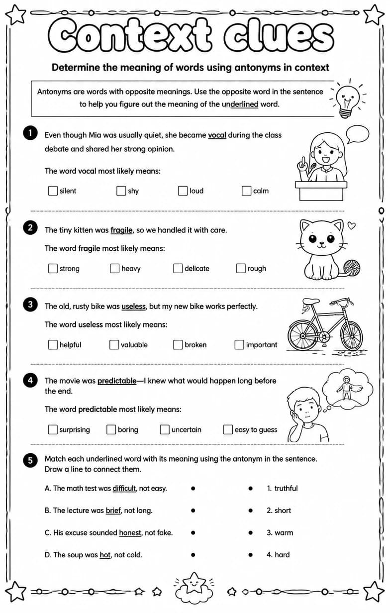 Determine the meaning of words using antonyms in context — free printable Vocabulary English worksheet