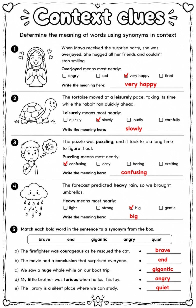 Answer key for Determine the meaning of words using synonyms in context — free printable English & Reading worksheet