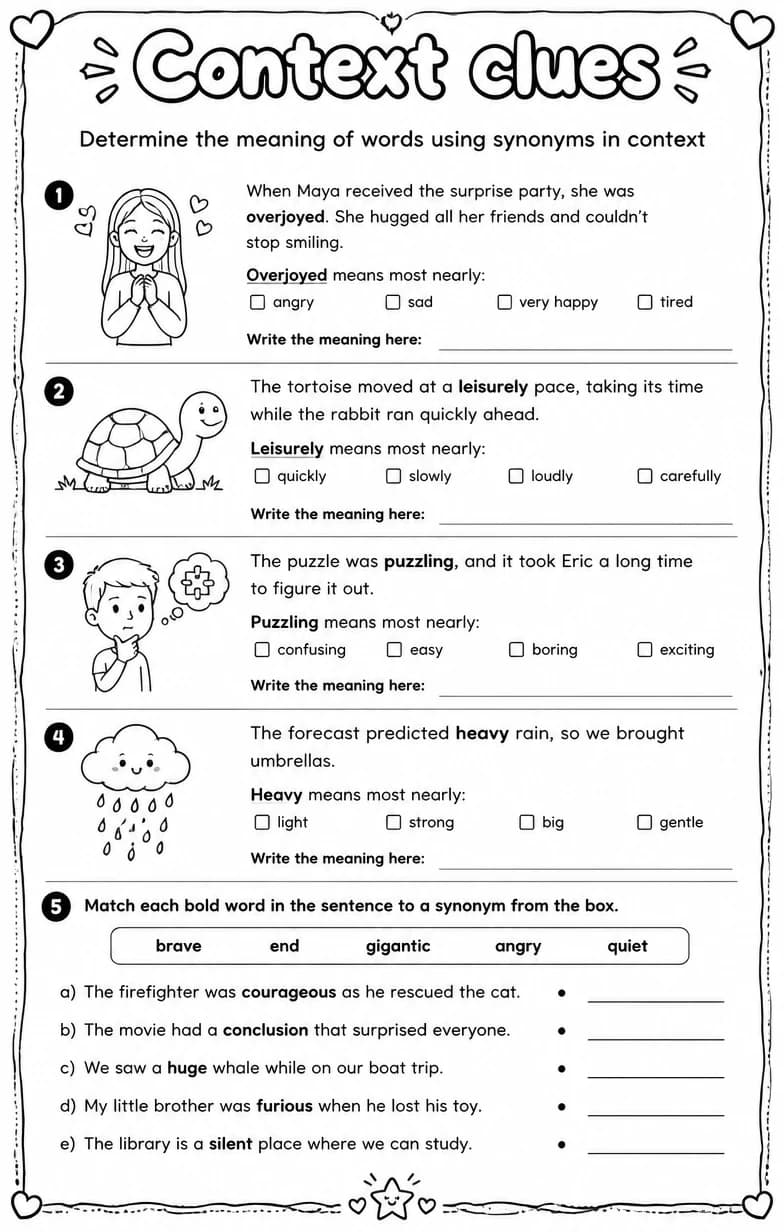 Determine the meaning of words using synonyms in context — free printable Vocabulary English worksheet