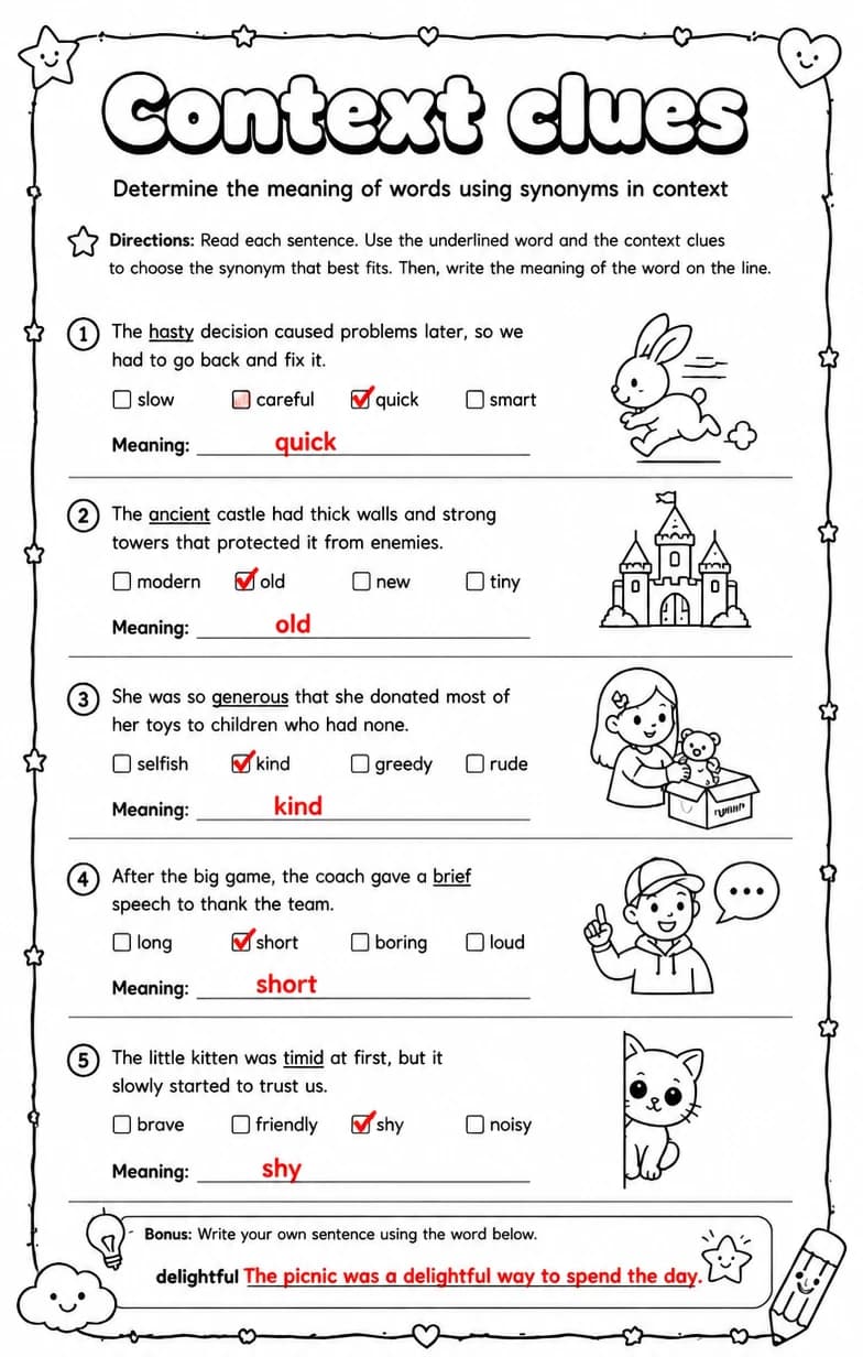 Answer key for Determine the meaning of words using synonyms in context — free printable English & Reading worksheet