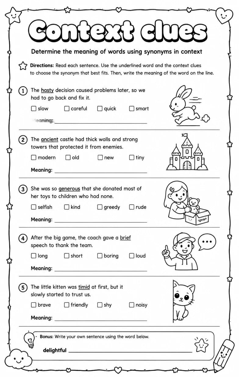 Determine the meaning of words using synonyms in context — free printable Vocabulary English worksheet