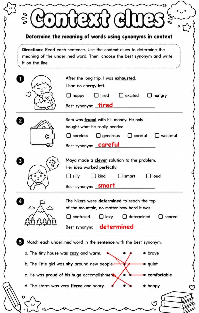 Answer key for Determine the meaning of words using synonyms in context — free printable English & Reading worksheet