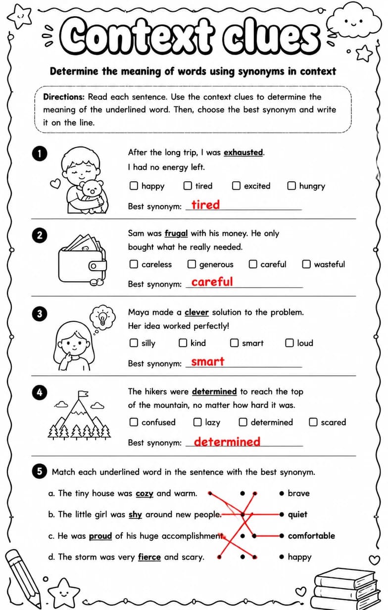 Answer key for Determine the meaning of words using synonyms in context — free printable English & Reading worksheet