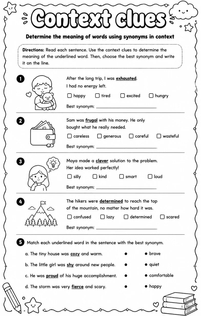 Determine the meaning of words using synonyms in context — free printable Vocabulary English worksheet