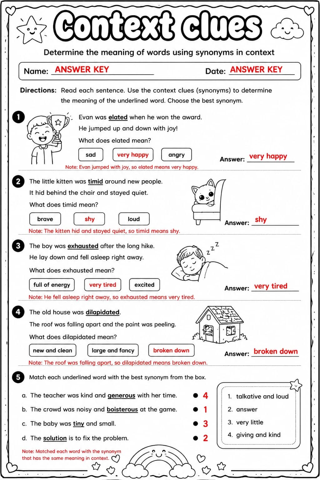 Answer key for Determine the meaning of words using synonyms in context — free printable English & Reading worksheet