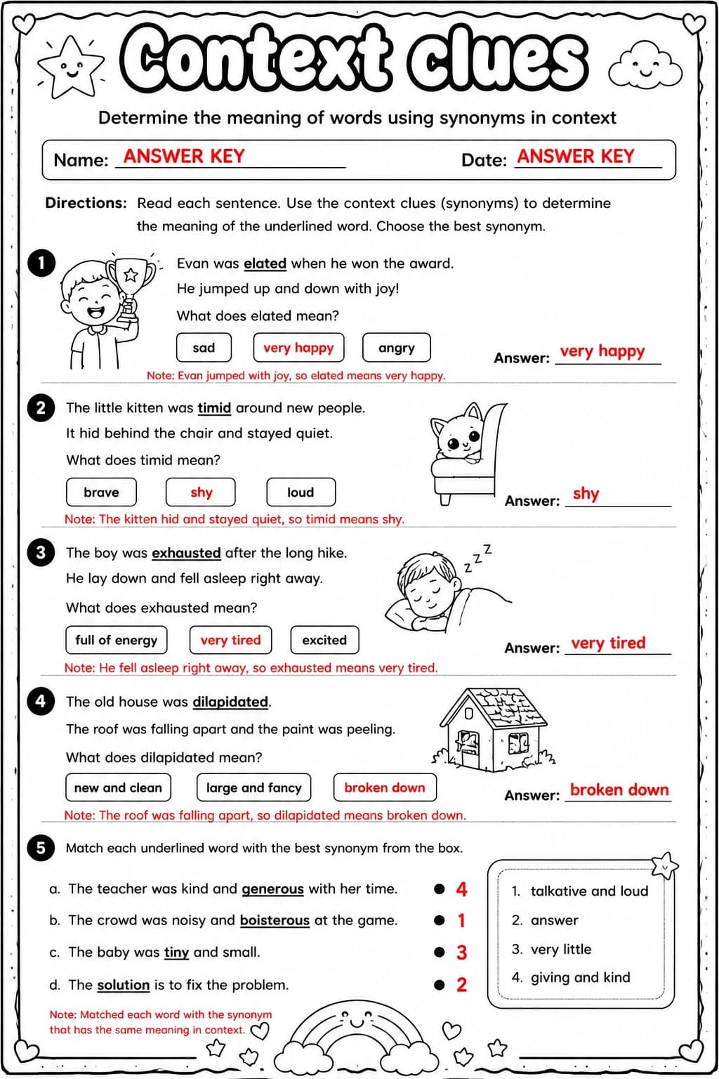 Answer key for Determine the meaning of words using synonyms in context — free printable English & Reading worksheet