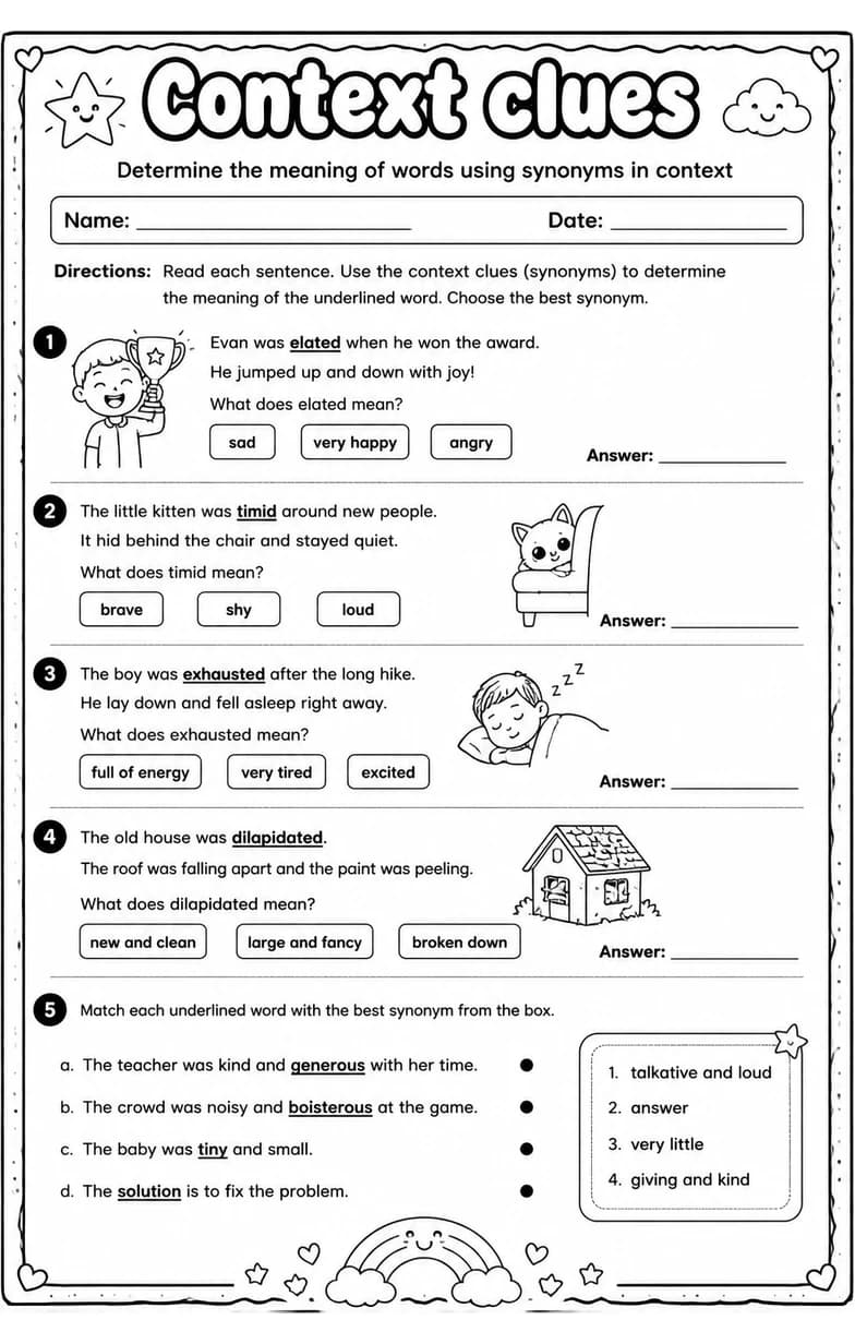 Determine the meaning of words using synonyms in context — free printable Grade 3 English & Reading worksheet
