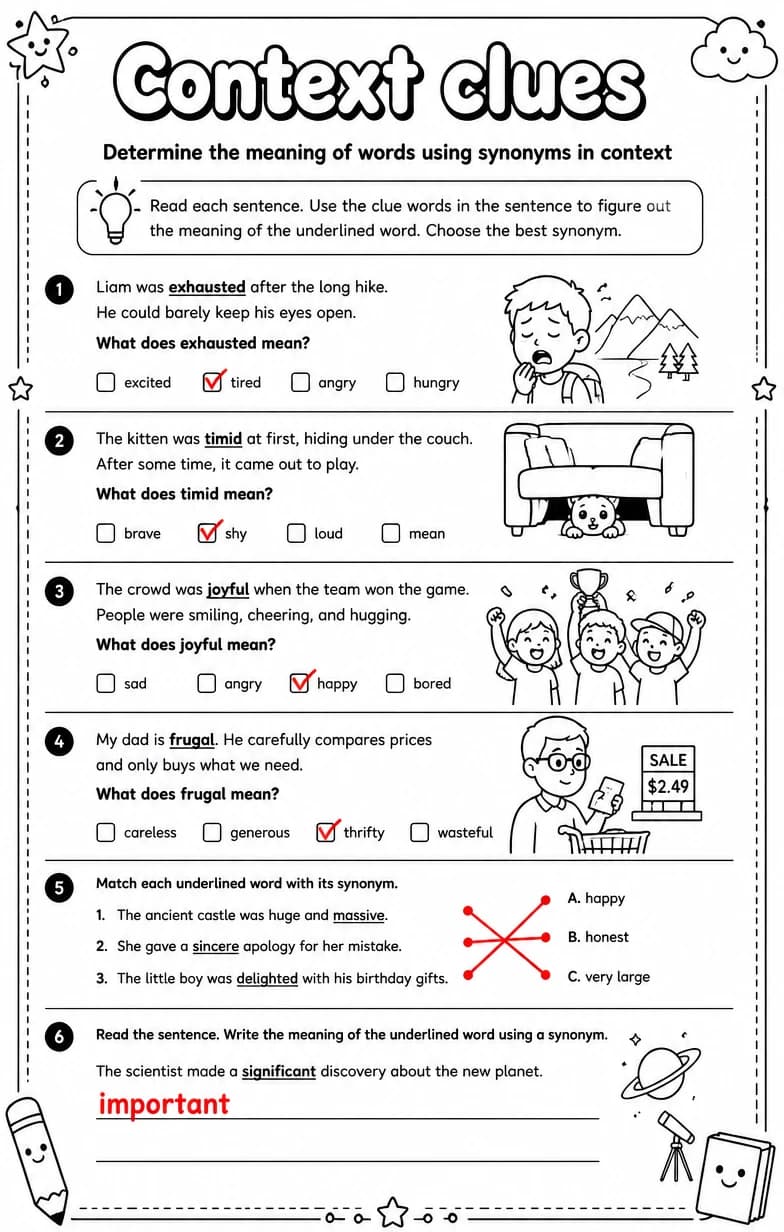 Answer key for Determine the meaning of words using synonyms in context — free printable English & Reading worksheet