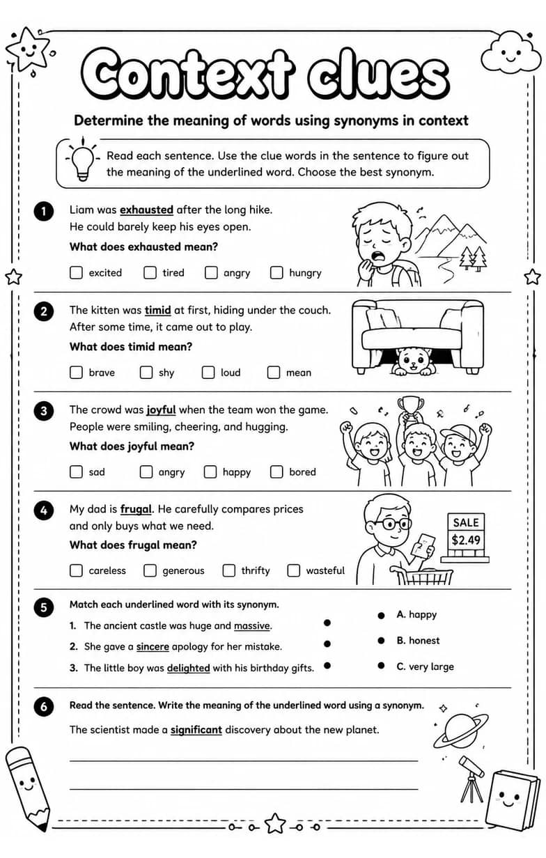 Determine the meaning of words using synonyms in context — free printable Vocabulary English worksheet