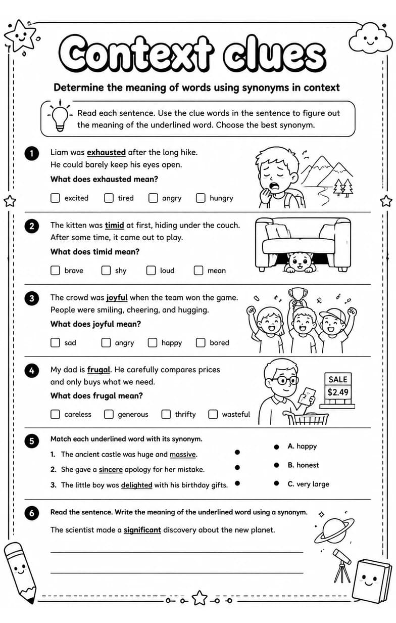 Determine the meaning of words using synonyms in context — free printable Vocabulary English worksheet