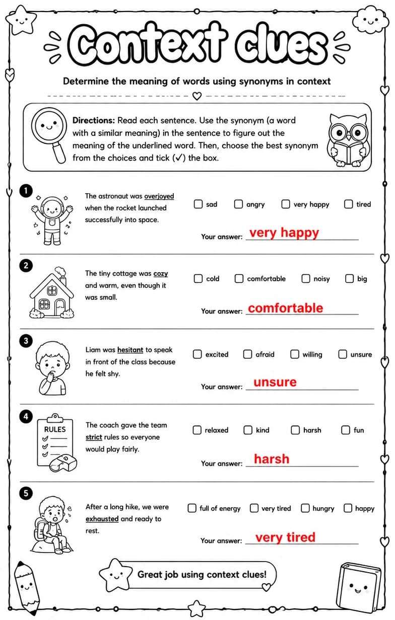 Answer key for Determine the meaning of words using synonyms in context — free printable English & Reading worksheet
