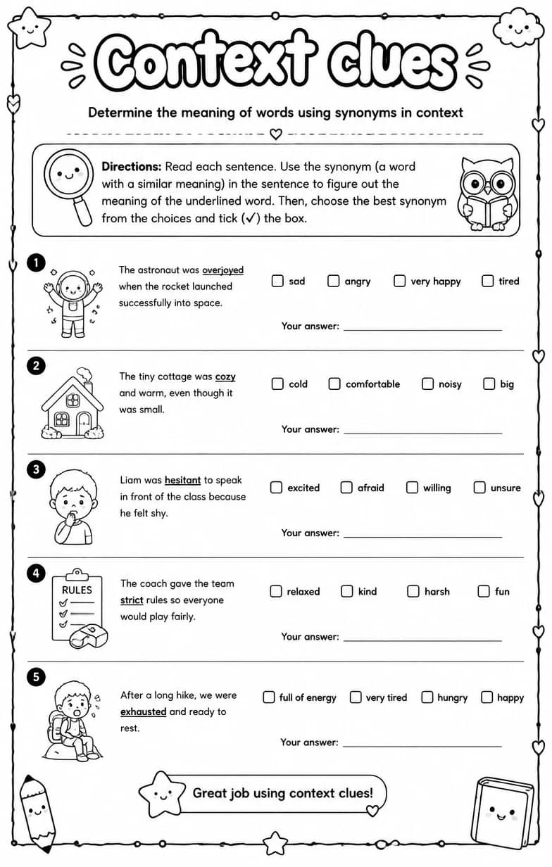 Determine the meaning of words using synonyms in context — free printable Vocabulary English worksheet
