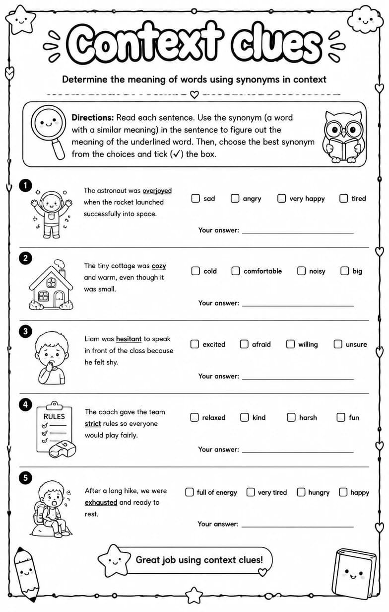 Determine the meaning of words using synonyms in context — free printable Vocabulary English worksheet