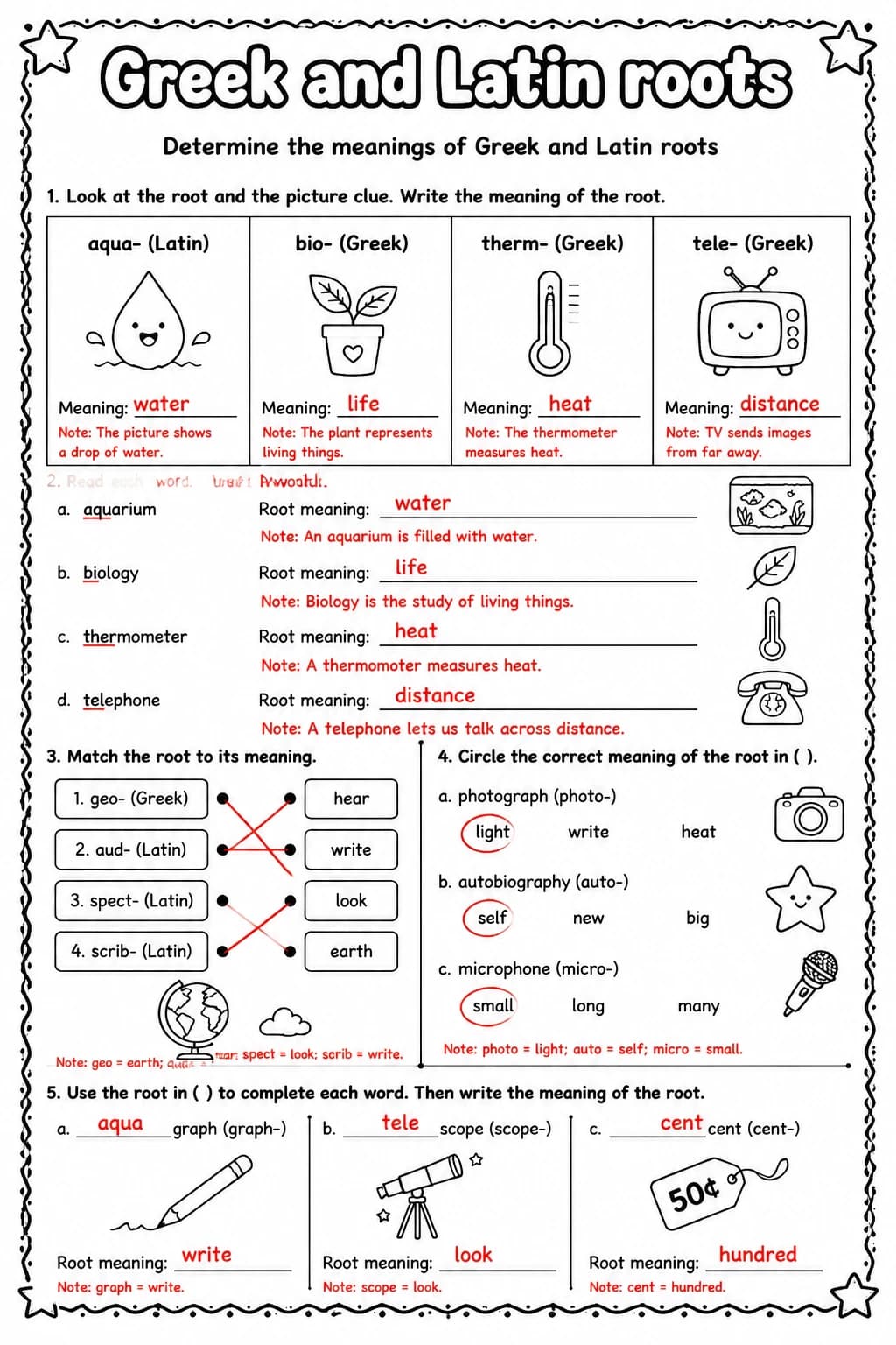 Answer key for Determine the meanings of Greek and Latin roots — free printable English & Reading worksheet
