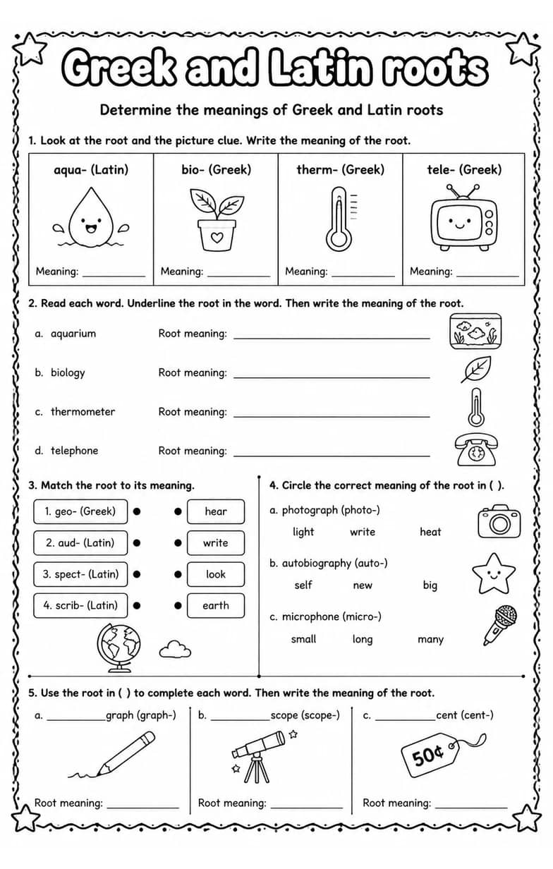 Determine the meanings of Greek and Latin roots — free printable Vocabulary English worksheet