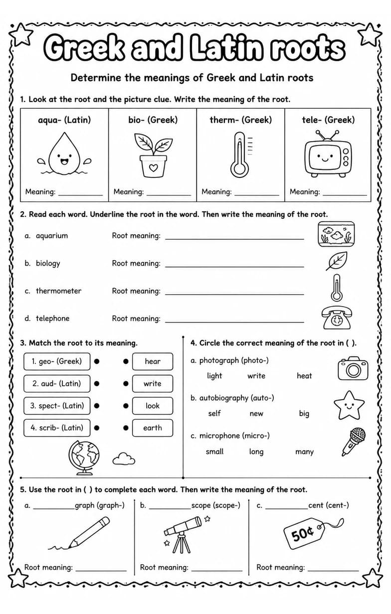 Determine the meanings of Greek and Latin roots — free printable Vocabulary English worksheet