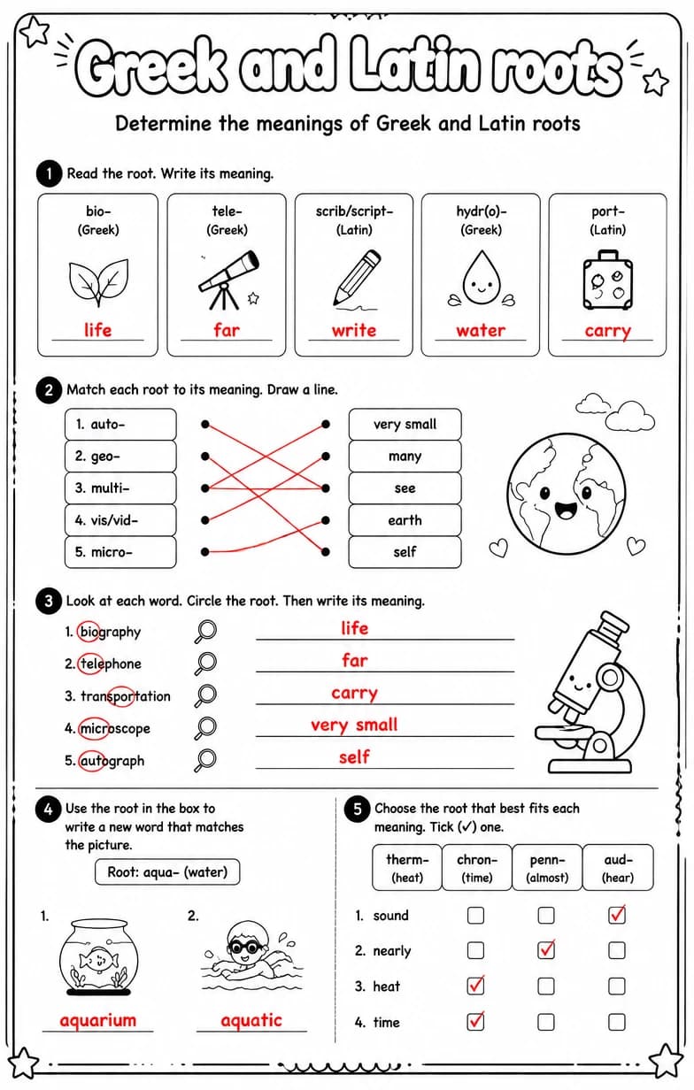Answer key for Determine the meanings of Greek and Latin roots — free printable English & Reading worksheet
