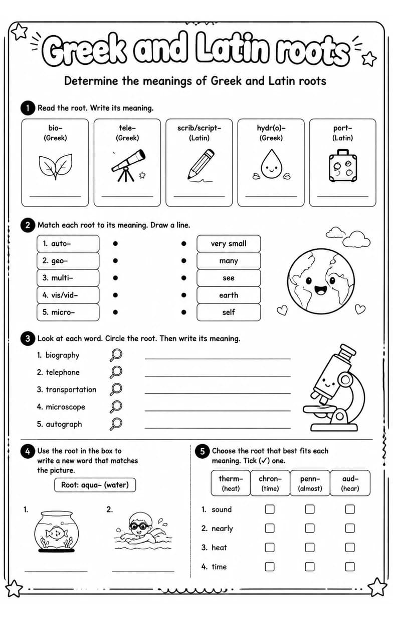 Determine the meanings of Greek and Latin roots — free printable Vocabulary English worksheet