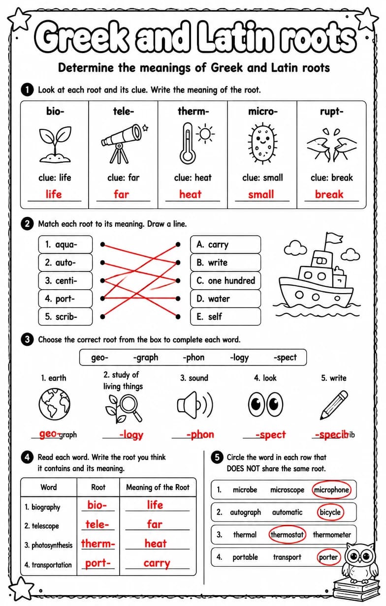 Answer key for Determine the meanings of Greek and Latin roots — free printable English & Reading worksheet