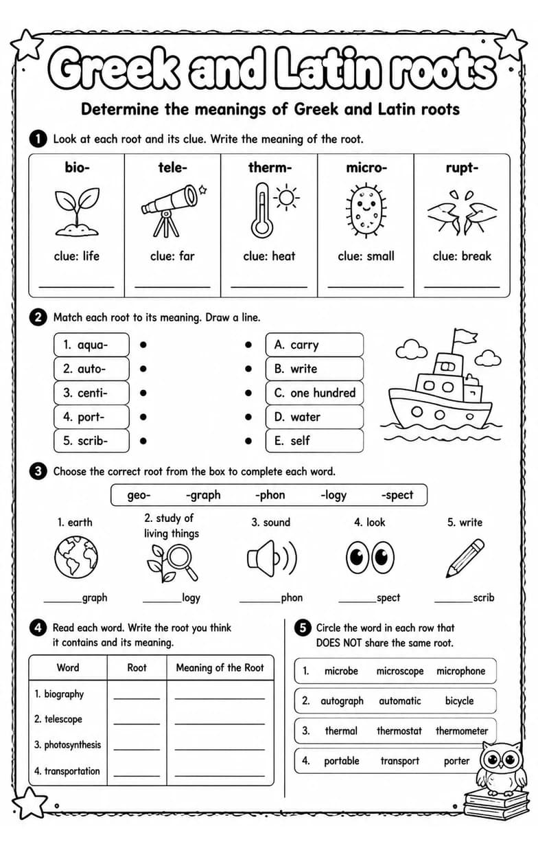 Determine the meanings of Greek and Latin roots — free printable Vocabulary English worksheet