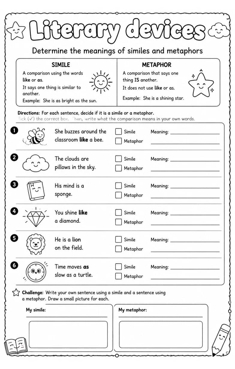Determine the meanings of similes and metaphors — free printable Reading strategies English worksheet