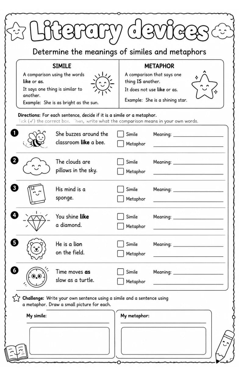 Determine the meanings of similes and metaphors — free printable Reading strategies English worksheet