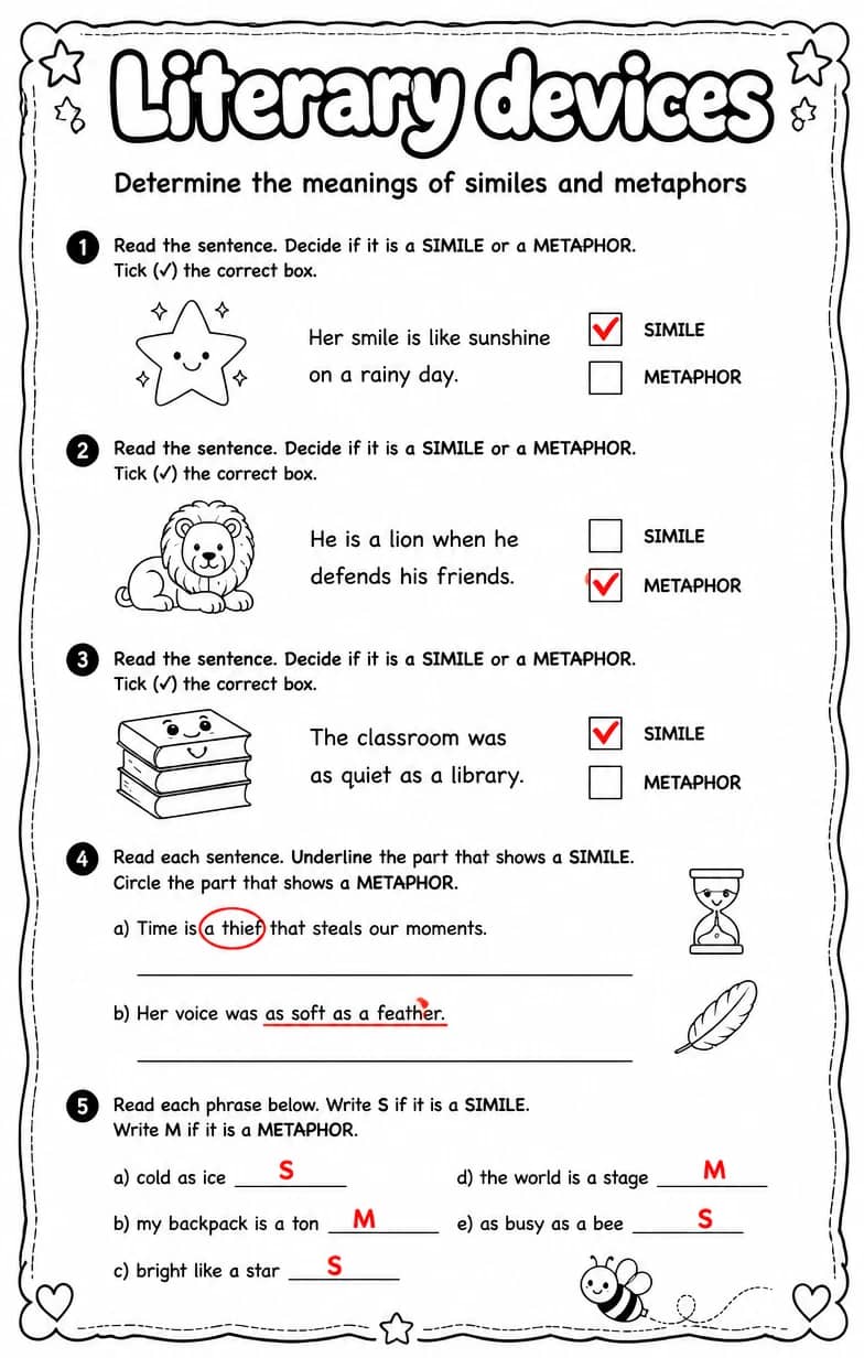 Answer key for Determine the meanings of similes and metaphors — free printable English & Reading worksheet