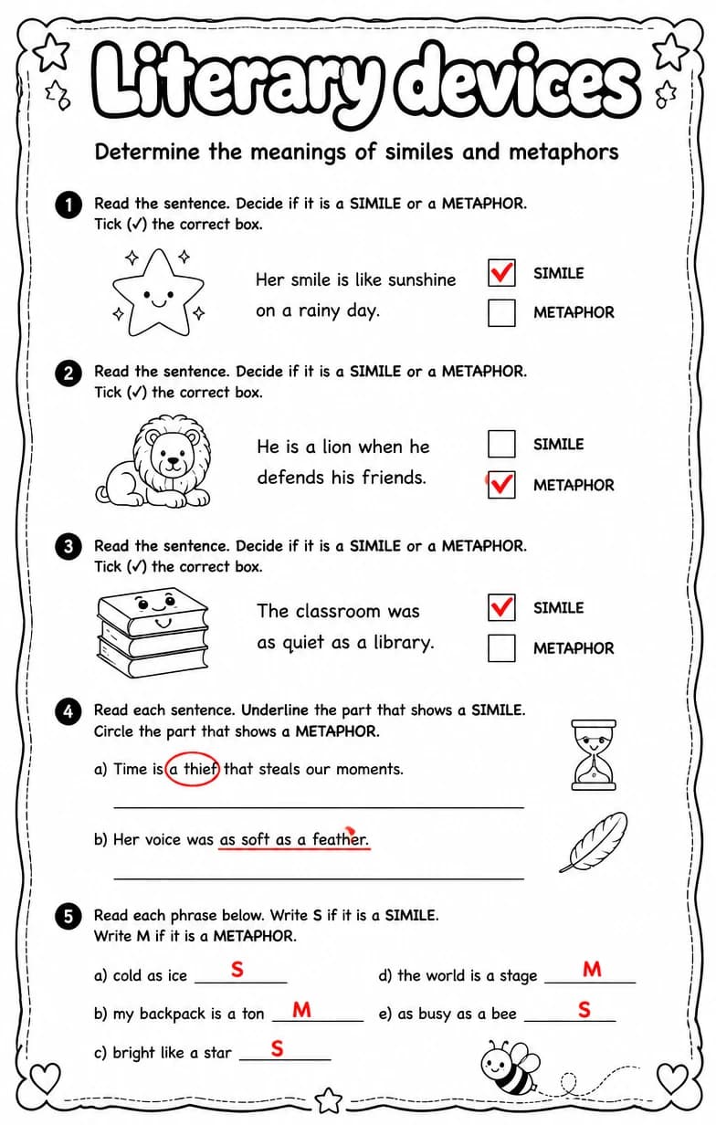 Answer key for Determine the meanings of similes and metaphors — free printable English & Reading worksheet