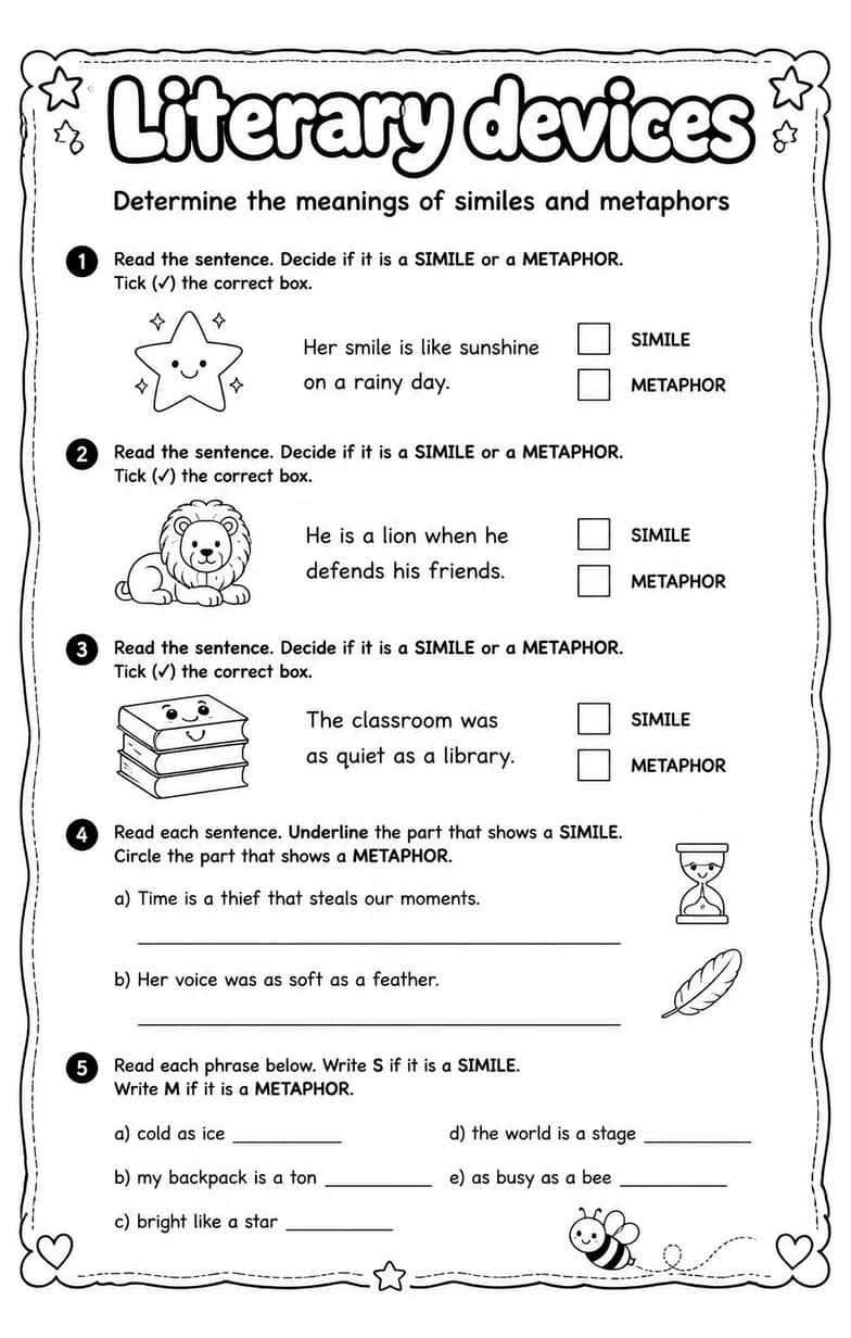 Determine the meanings of similes and metaphors — free printable Reading strategies English worksheet