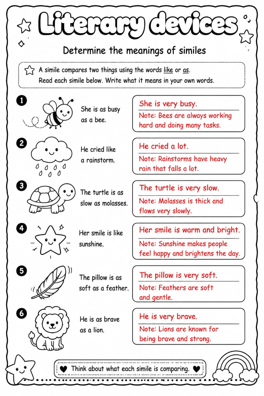 Answer key for Determine the meanings of similes — free printable English & Reading worksheet