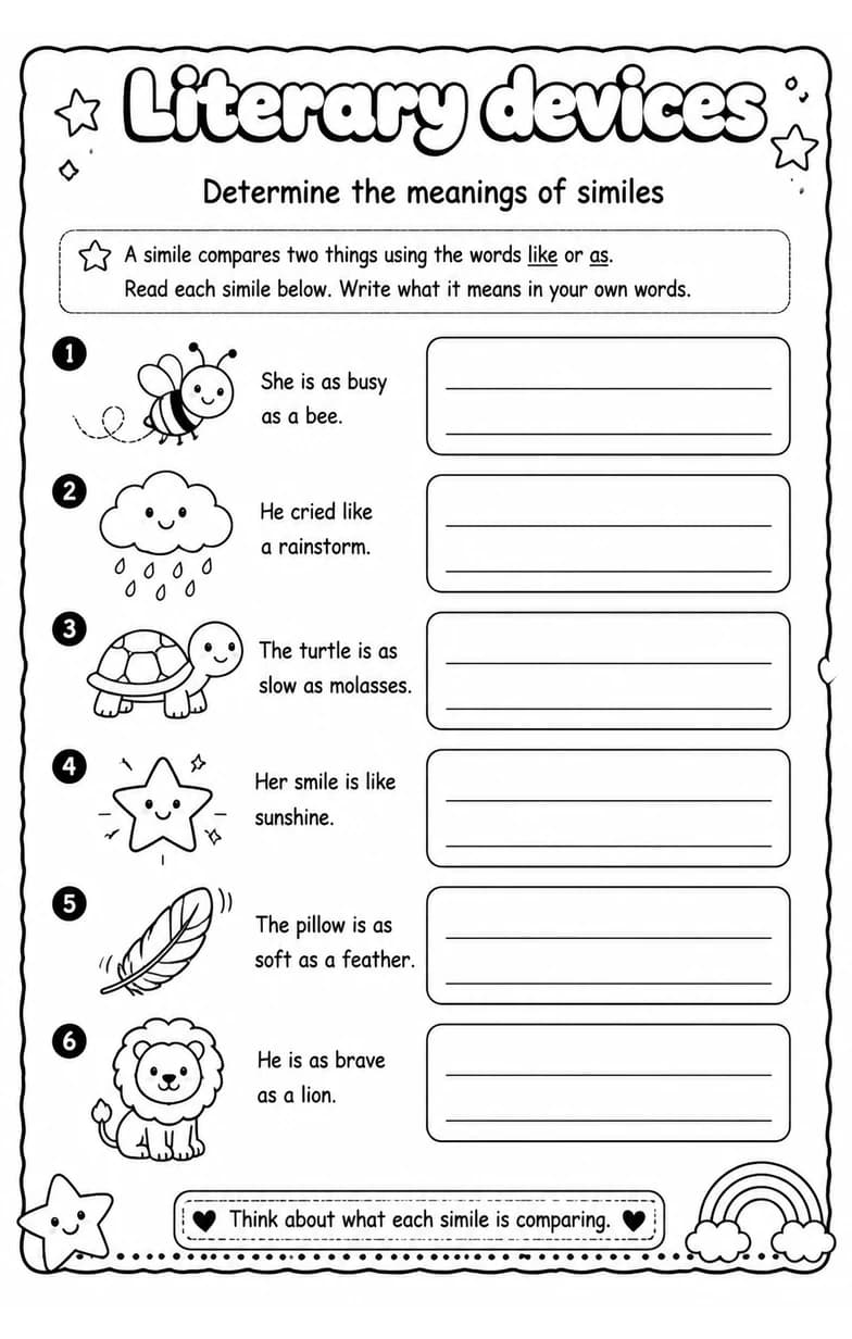 Determine the meanings of similes — free printable Reading strategies English worksheet