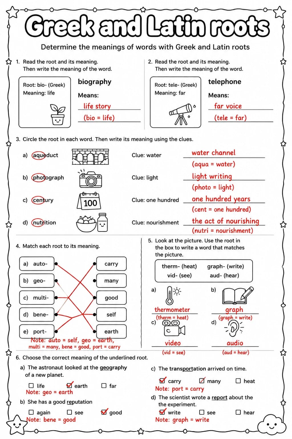 Answer key for Determine the meanings of words with Greek and Latin roots — free printable English & Reading worksheet