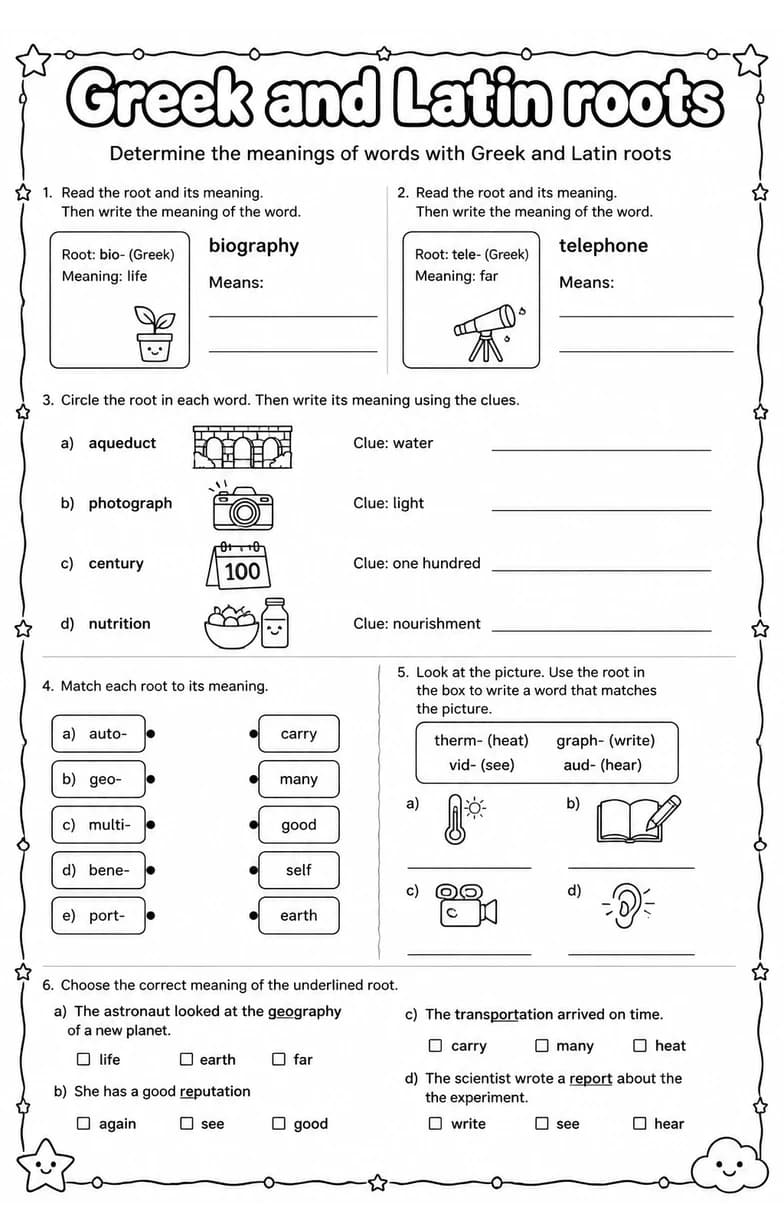 Determine the meanings of words with Greek and Latin roots — free printable Vocabulary English worksheet