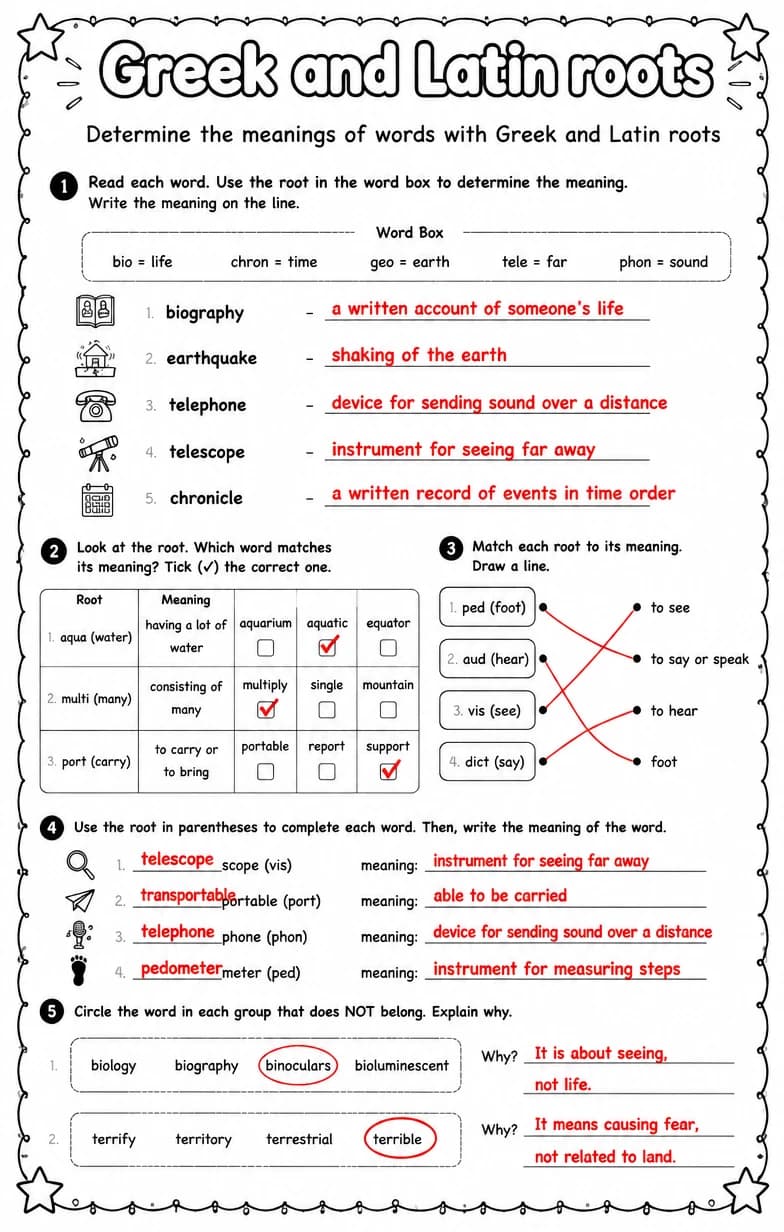 Answer key for Determine the meanings of words with Greek and Latin roots — free printable English & Reading worksheet