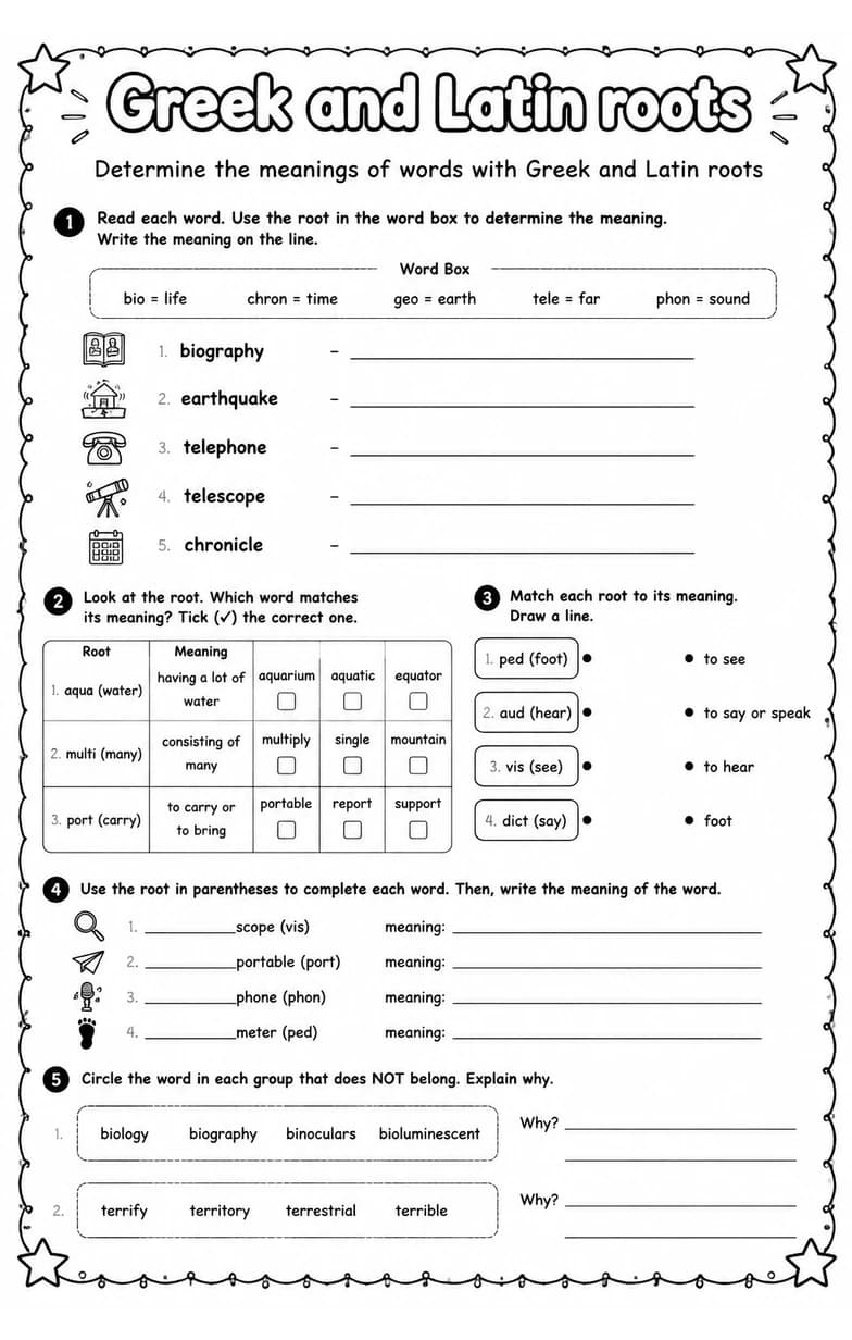 Determine the meanings of words with Greek and Latin roots — free printable Vocabulary English worksheet