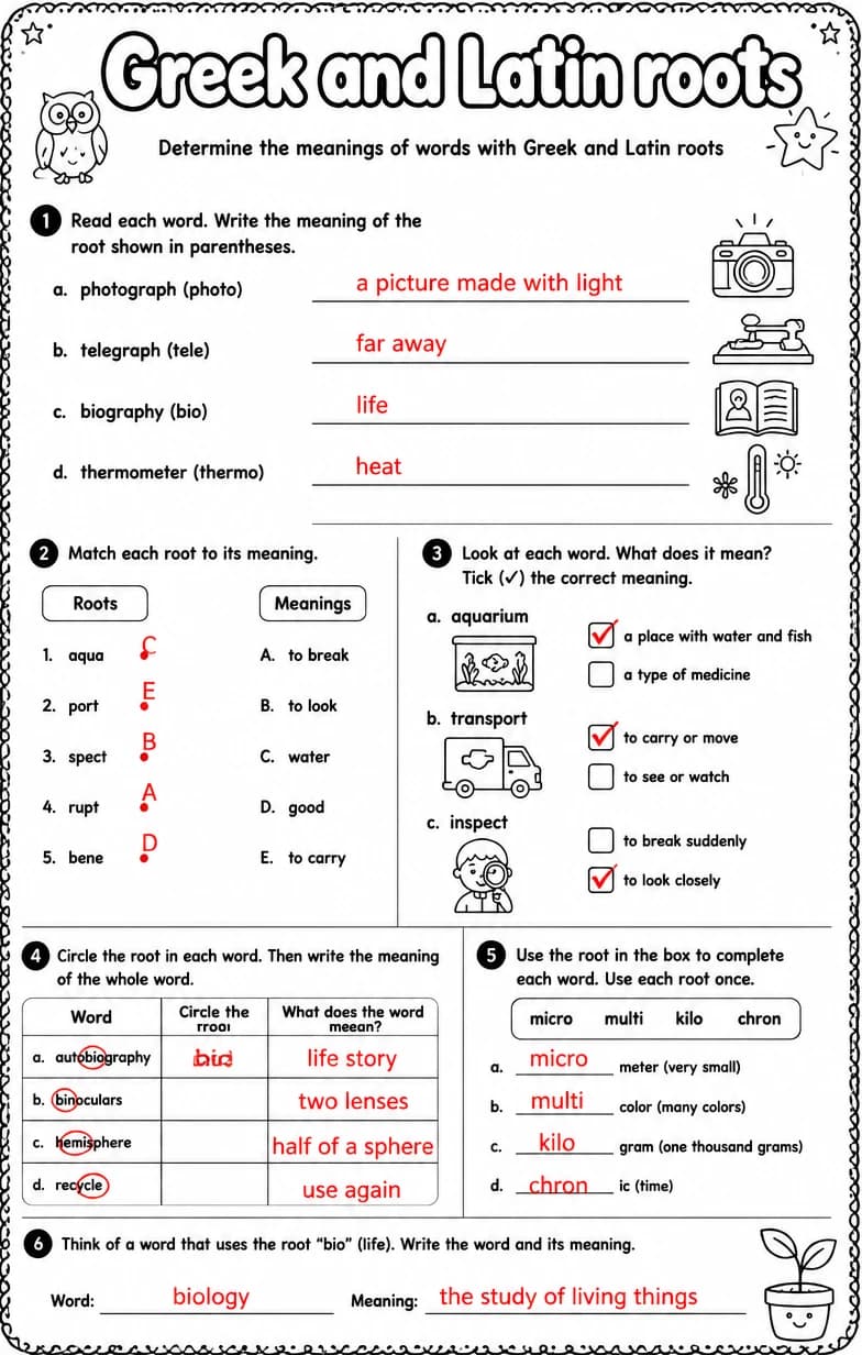 Answer key for Determine the meanings of words with Greek and Latin roots — free printable English & Reading worksheet
