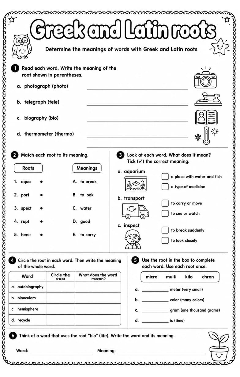Determine the meanings of words with Greek and Latin roots — free printable Vocabulary English worksheet