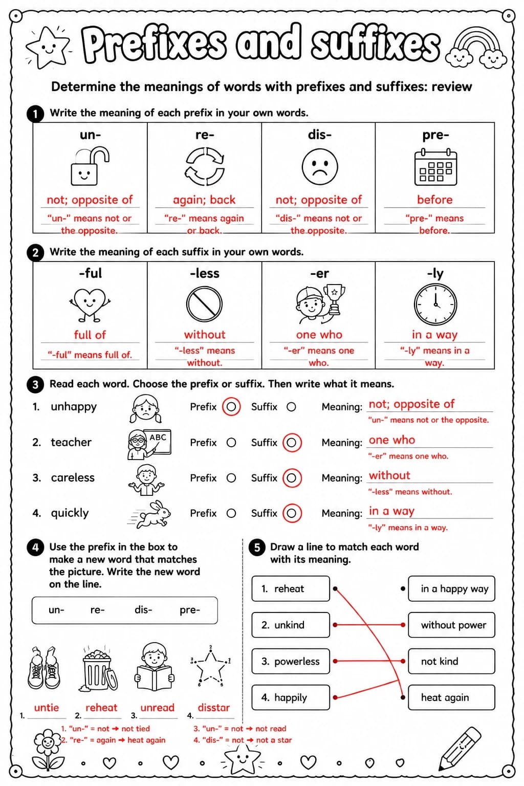 Answer key for Determine the meanings of words with prefixes and suffixes: review — free printable English & Reading worksheet