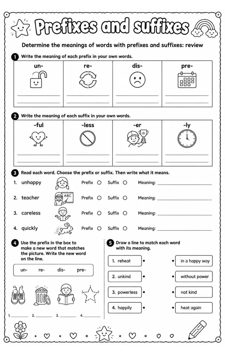 Determine the meanings of words with prefixes and suffixes: review — free printable Vocabulary English worksheet