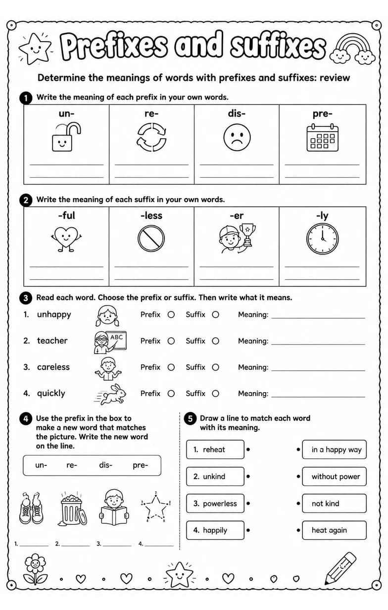 Determine the meanings of words with prefixes and suffixes: review — free printable Vocabulary English worksheet