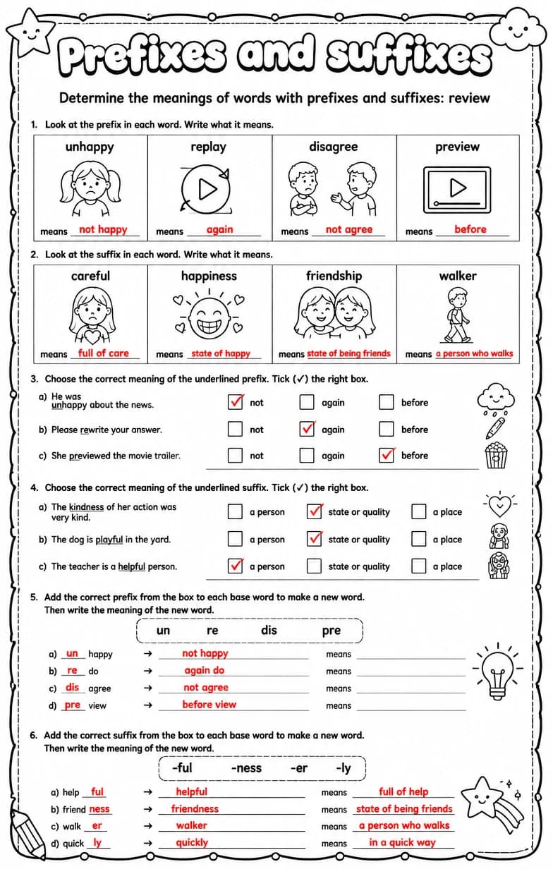 Answer key for Determine the meanings of words with prefixes and suffixes: review — free printable English & Reading worksheet