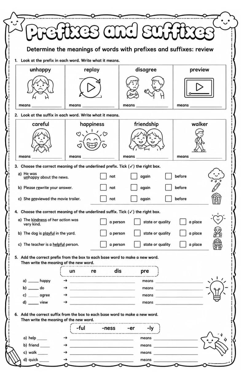 Determine the meanings of words with prefixes and suffixes: review — free printable Vocabulary English worksheet