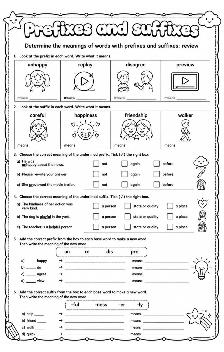 Determine the meanings of words with prefixes and suffixes: review — free printable Grade 4 English & Reading worksheet